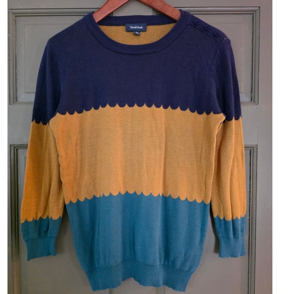 ModCloth Womens Scalloped Colorblock Sweater Navy Yellow Teal Button Shoulder M